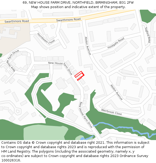 69, NEW HOUSE FARM DRIVE, NORTHFIELD, BIRMINGHAM, B31 2FW: Location map and indicative extent of plot