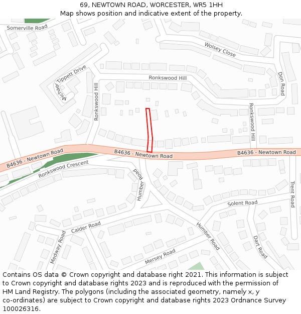 69, NEWTOWN ROAD, WORCESTER, WR5 1HH: Location map and indicative extent of plot