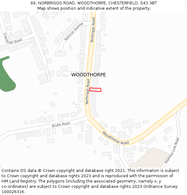 69, NORBRIGGS ROAD, WOODTHORPE, CHESTERFIELD, S43 3BT: Location map and indicative extent of plot