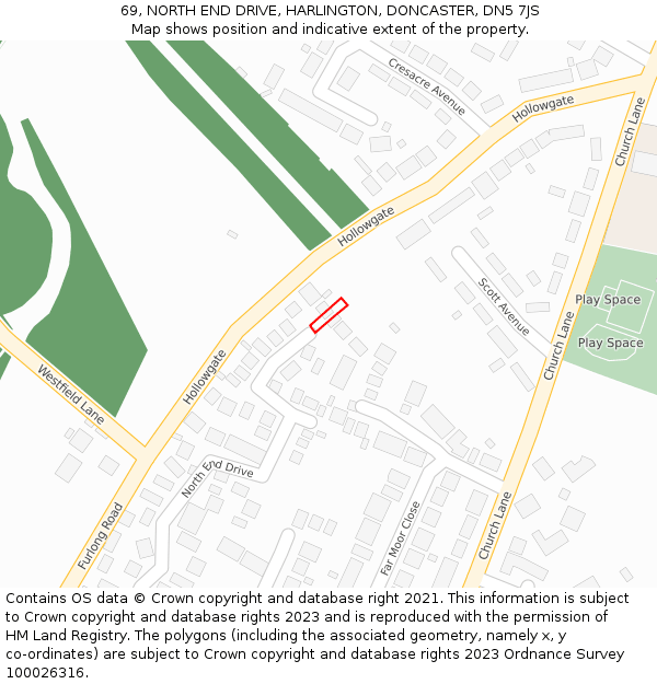 69, NORTH END DRIVE, HARLINGTON, DONCASTER, DN5 7JS: Location map and indicative extent of plot