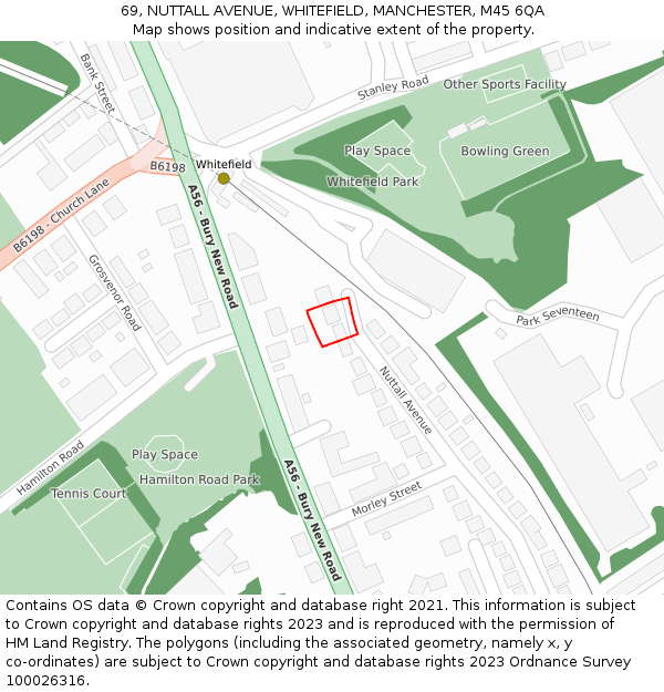 69, NUTTALL AVENUE, WHITEFIELD, MANCHESTER, M45 6QA: Location map and indicative extent of plot