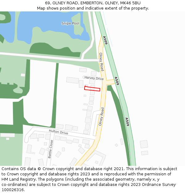 69, OLNEY ROAD, EMBERTON, OLNEY, MK46 5BU: Location map and indicative extent of plot