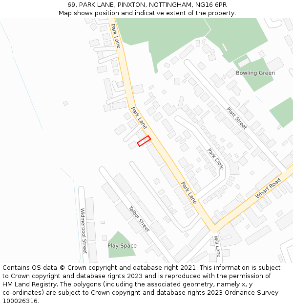 69, PARK LANE, PINXTON, NOTTINGHAM, NG16 6PR: Location map and indicative extent of plot