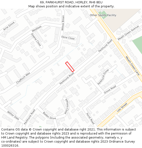 69, PARKHURST ROAD, HORLEY, RH6 8EU: Location map and indicative extent of plot