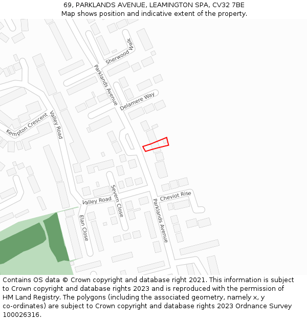 69, PARKLANDS AVENUE, LEAMINGTON SPA, CV32 7BE: Location map and indicative extent of plot