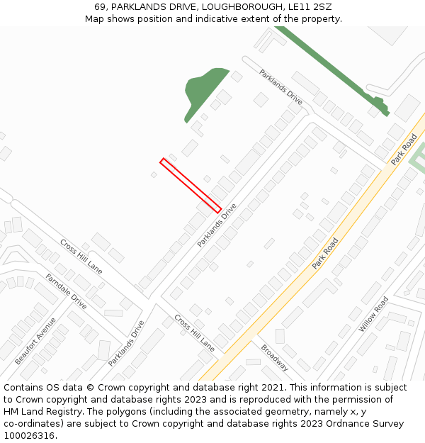 69, PARKLANDS DRIVE, LOUGHBOROUGH, LE11 2SZ: Location map and indicative extent of plot