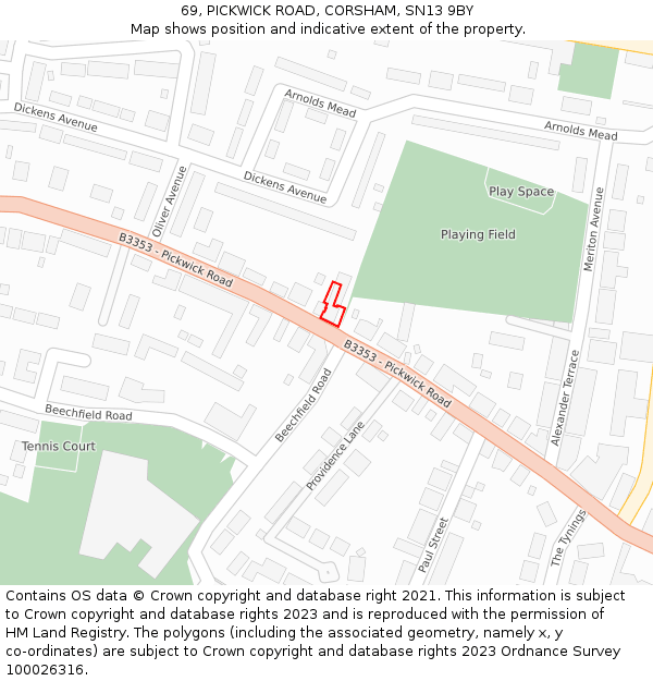 69, PICKWICK ROAD, CORSHAM, SN13 9BY: Location map and indicative extent of plot