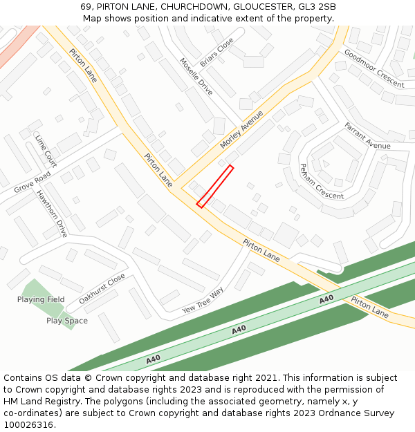 69, PIRTON LANE, CHURCHDOWN, GLOUCESTER, GL3 2SB: Location map and indicative extent of plot