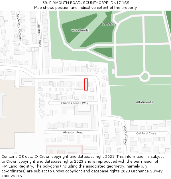 69, PLYMOUTH ROAD, SCUNTHORPE, DN17 1SS: Location map and indicative extent of plot