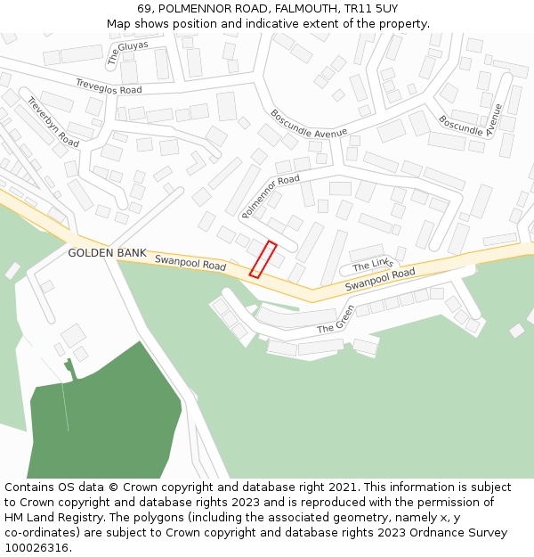 69, POLMENNOR ROAD, FALMOUTH, TR11 5UY: Location map and indicative extent of plot