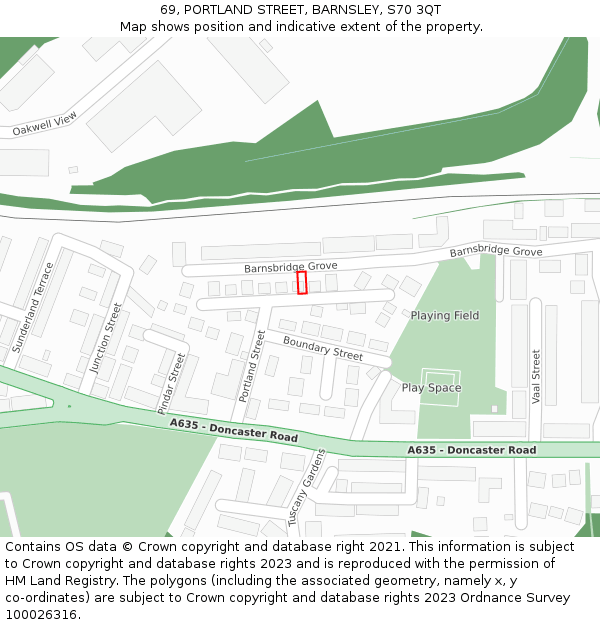 69, PORTLAND STREET, BARNSLEY, S70 3QT: Location map and indicative extent of plot