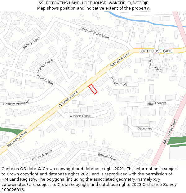 69, POTOVENS LANE, LOFTHOUSE, WAKEFIELD, WF3 3JF: Location map and indicative extent of plot