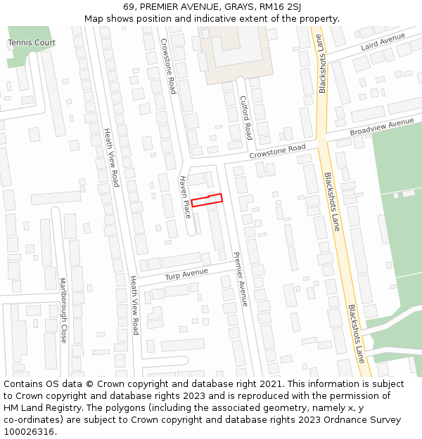 69, PREMIER AVENUE, GRAYS, RM16 2SJ: Location map and indicative extent of plot