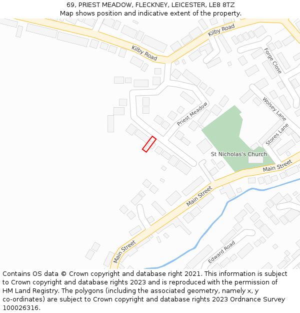 69, PRIEST MEADOW, FLECKNEY, LEICESTER, LE8 8TZ: Location map and indicative extent of plot