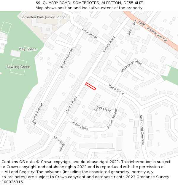 69, QUARRY ROAD, SOMERCOTES, ALFRETON, DE55 4HZ: Location map and indicative extent of plot