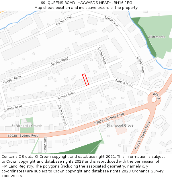 69, QUEENS ROAD, HAYWARDS HEATH, RH16 1EG: Location map and indicative extent of plot