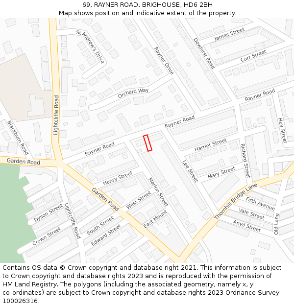 69, RAYNER ROAD, BRIGHOUSE, HD6 2BH: Location map and indicative extent of plot