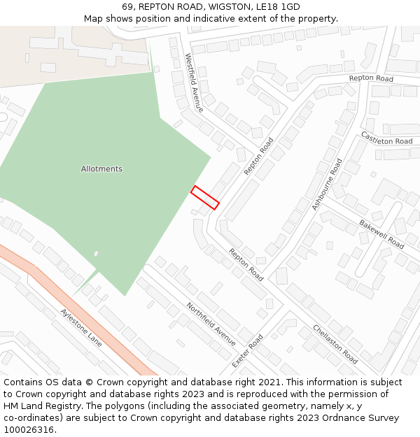 69, REPTON ROAD, WIGSTON, LE18 1GD: Location map and indicative extent of plot