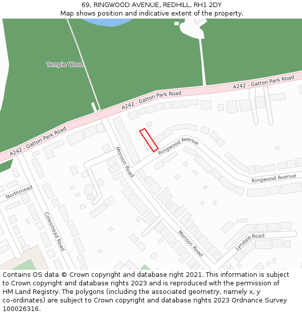 69, RINGWOOD AVENUE, REDHILL, RH1 2DY: Location map and indicative extent of plot