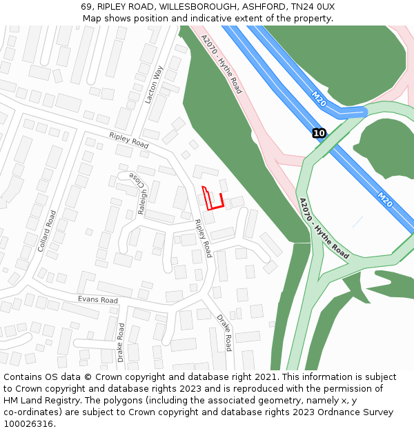 69, RIPLEY ROAD, WILLESBOROUGH, ASHFORD, TN24 0UX: Location map and indicative extent of plot