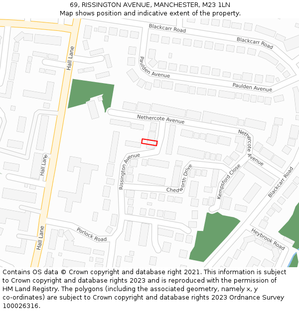 69, RISSINGTON AVENUE, MANCHESTER, M23 1LN: Location map and indicative extent of plot