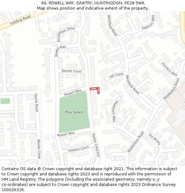 69, ROWELL WAY, SAWTRY, HUNTINGDON, PE28 5WA: Location map and indicative extent of plot