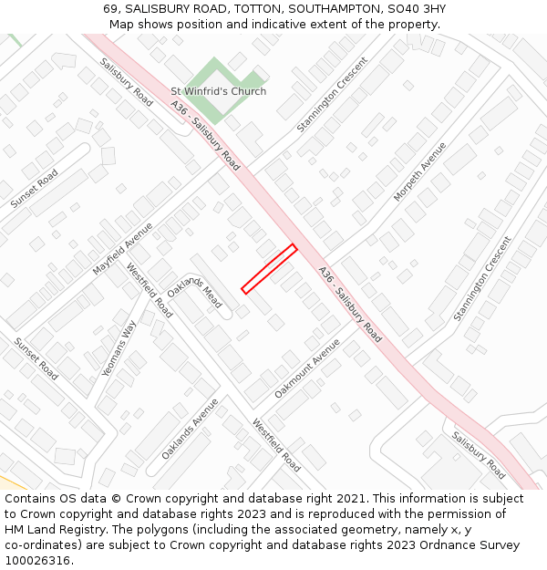 69, SALISBURY ROAD, TOTTON, SOUTHAMPTON, SO40 3HY: Location map and indicative extent of plot