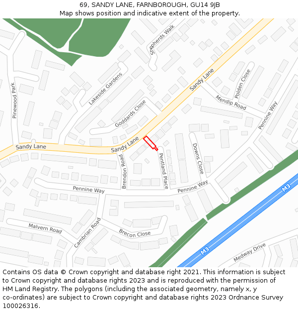 69, SANDY LANE, FARNBOROUGH, GU14 9JB: Location map and indicative extent of plot