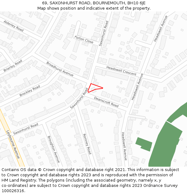 69, SAXONHURST ROAD, BOURNEMOUTH, BH10 6JE: Location map and indicative extent of plot