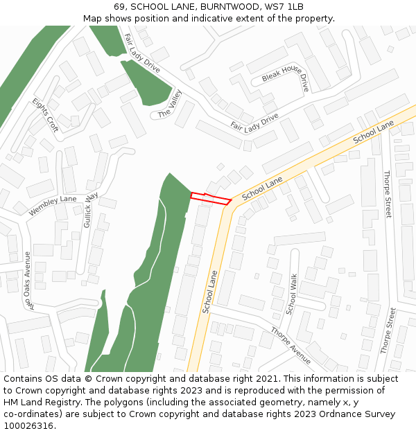 69, SCHOOL LANE, BURNTWOOD, WS7 1LB: Location map and indicative extent of plot