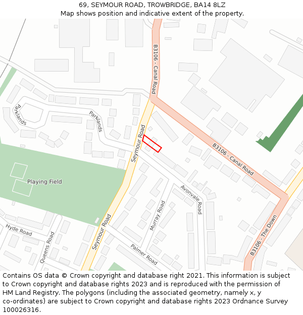 69, SEYMOUR ROAD, TROWBRIDGE, BA14 8LZ: Location map and indicative extent of plot