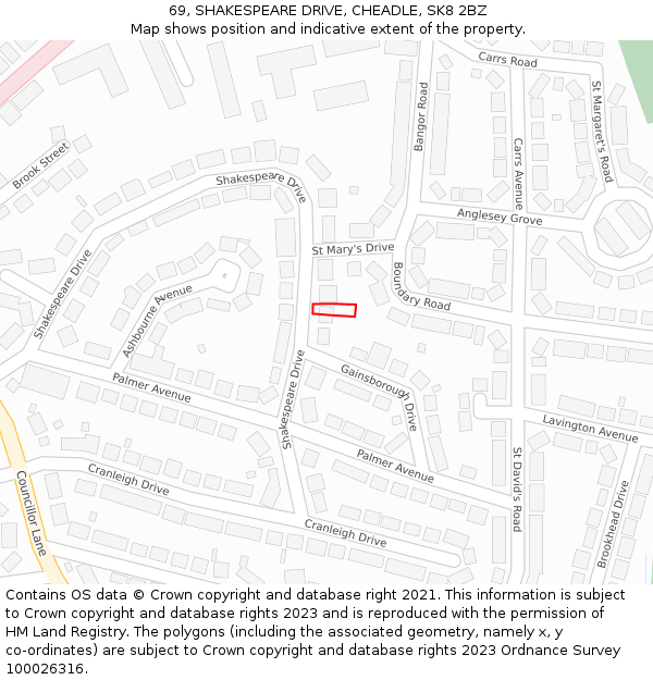 69, SHAKESPEARE DRIVE, CHEADLE, SK8 2BZ: Location map and indicative extent of plot