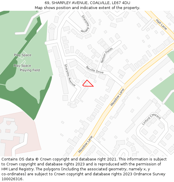 69, SHARPLEY AVENUE, COALVILLE, LE67 4DU: Location map and indicative extent of plot