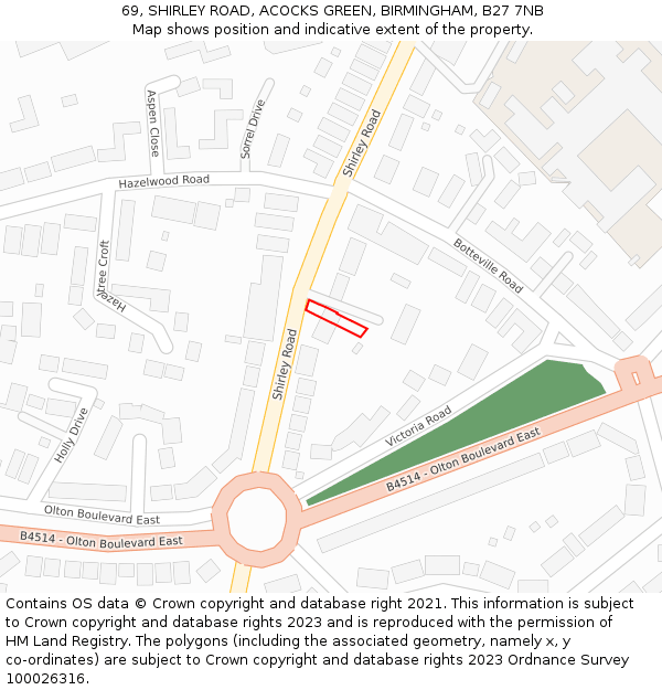 69, SHIRLEY ROAD, ACOCKS GREEN, BIRMINGHAM, B27 7NB: Location map and indicative extent of plot