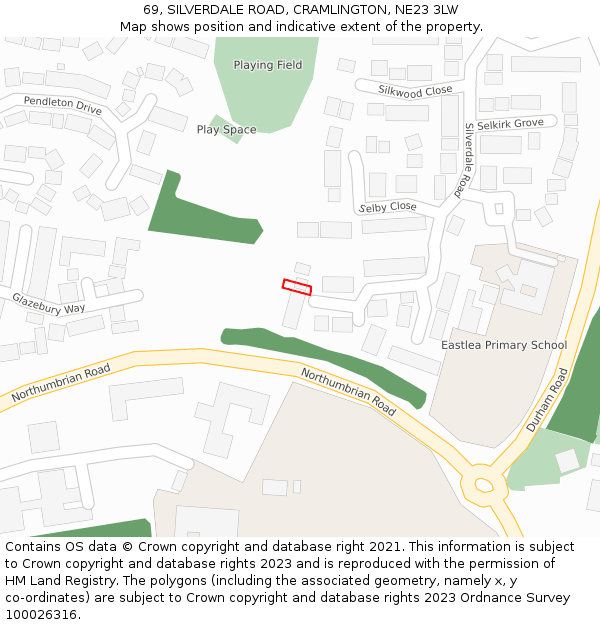 69, SILVERDALE ROAD, CRAMLINGTON, NE23 3LW: Location map and indicative extent of plot