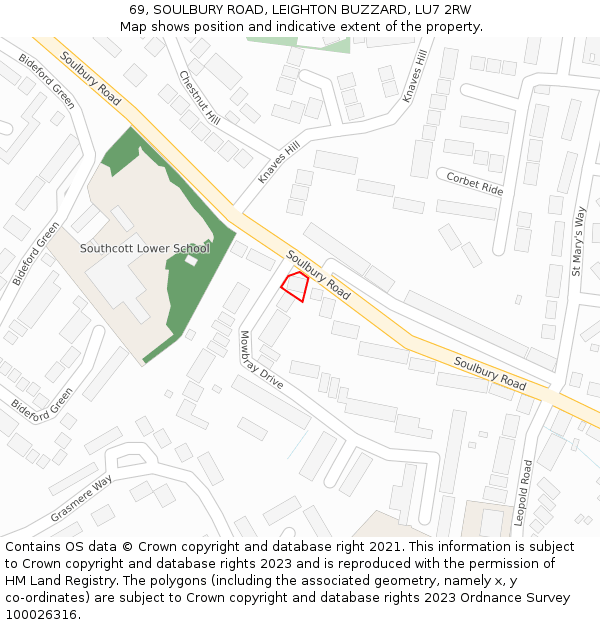 69, SOULBURY ROAD, LEIGHTON BUZZARD, LU7 2RW: Location map and indicative extent of plot