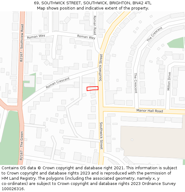 69, SOUTHWICK STREET, SOUTHWICK, BRIGHTON, BN42 4TL: Location map and indicative extent of plot