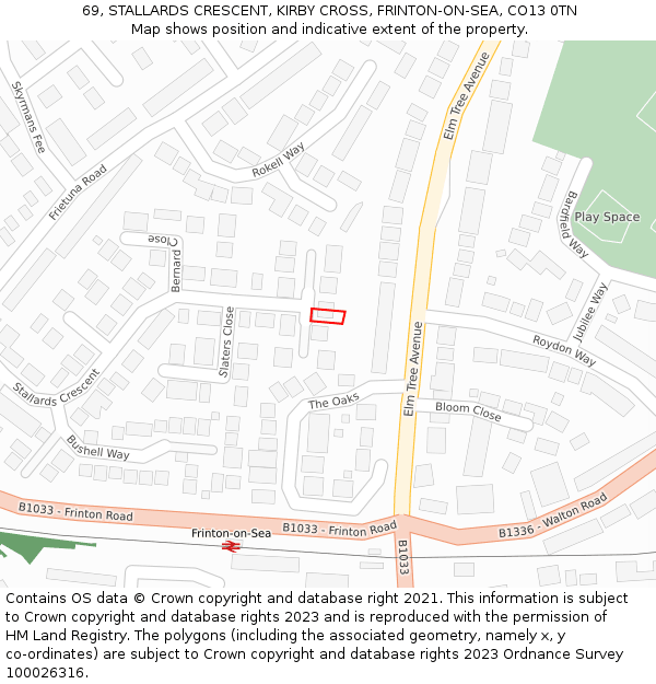 69, STALLARDS CRESCENT, KIRBY CROSS, FRINTON-ON-SEA, CO13 0TN: Location map and indicative extent of plot