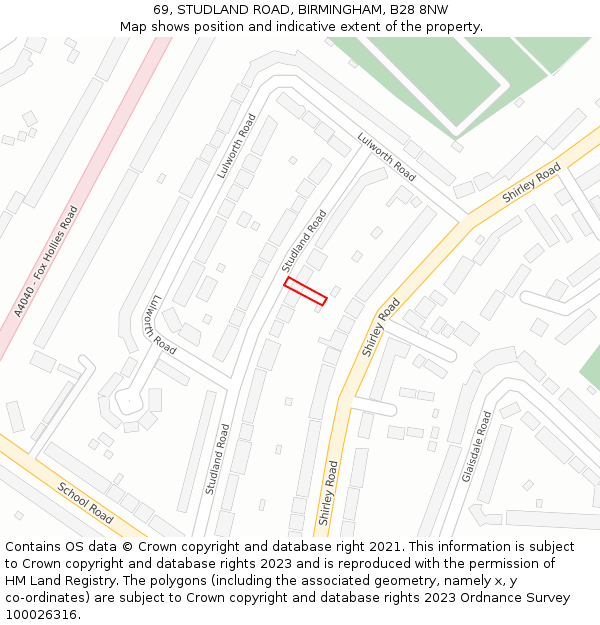 69, STUDLAND ROAD, BIRMINGHAM, B28 8NW: Location map and indicative extent of plot