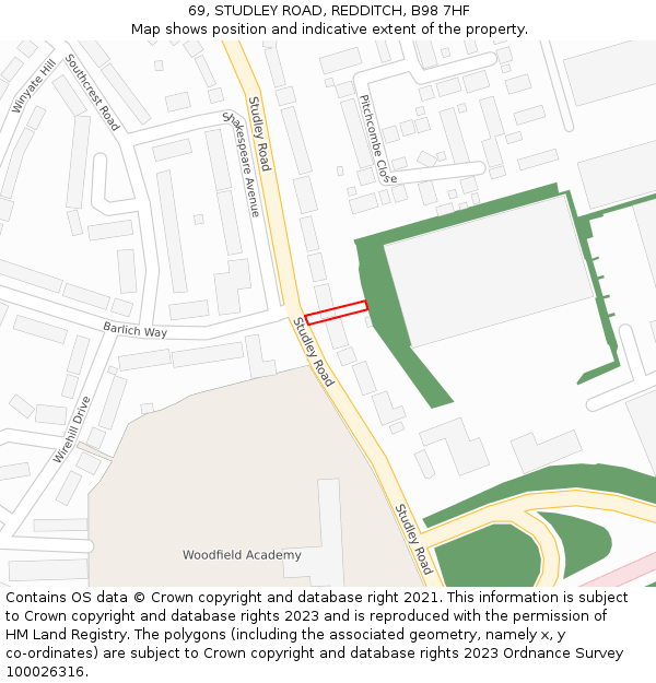 69, STUDLEY ROAD, REDDITCH, B98 7HF: Location map and indicative extent of plot