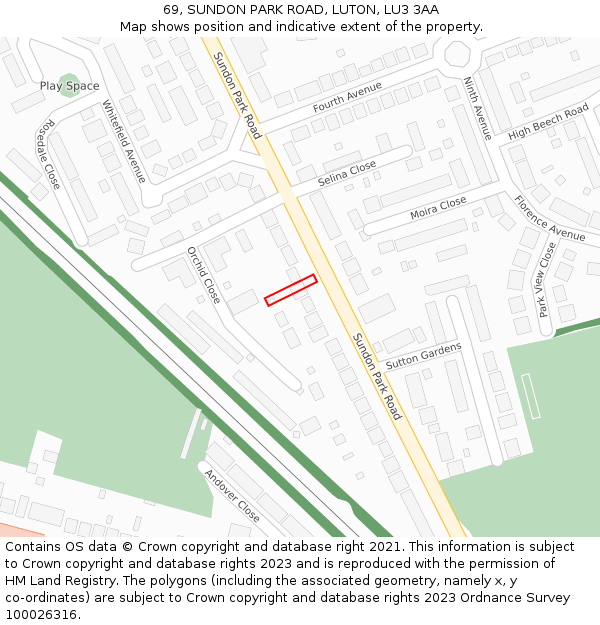 69, SUNDON PARK ROAD, LUTON, LU3 3AA: Location map and indicative extent of plot