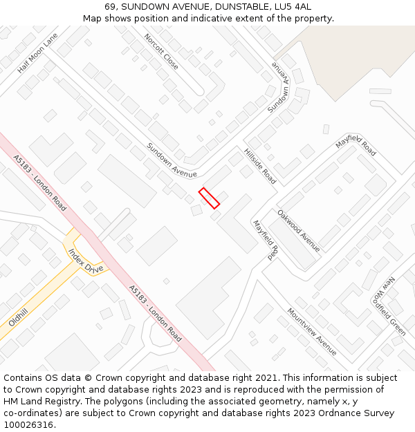 69, SUNDOWN AVENUE, DUNSTABLE, LU5 4AL: Location map and indicative extent of plot