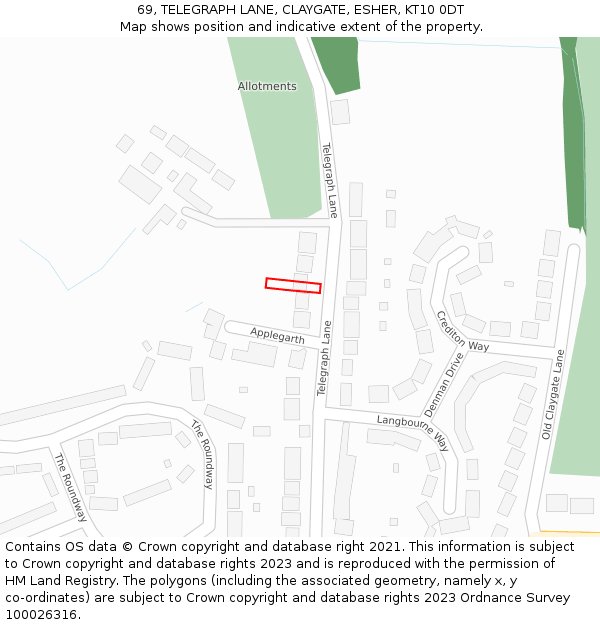 69, TELEGRAPH LANE, CLAYGATE, ESHER, KT10 0DT: Location map and indicative extent of plot