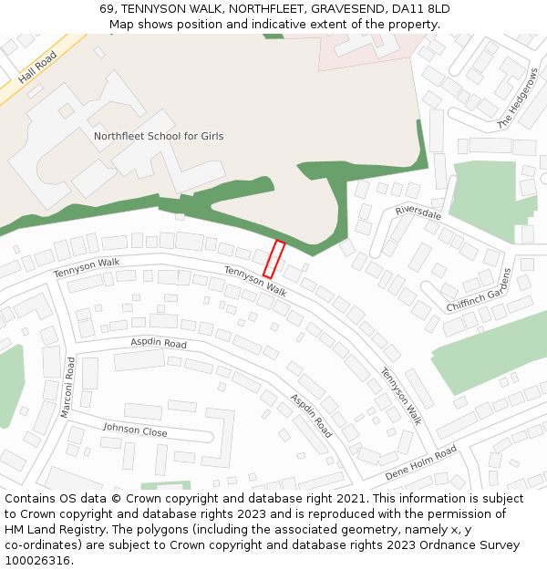 69, TENNYSON WALK, NORTHFLEET, GRAVESEND, DA11 8LD: Location map and indicative extent of plot