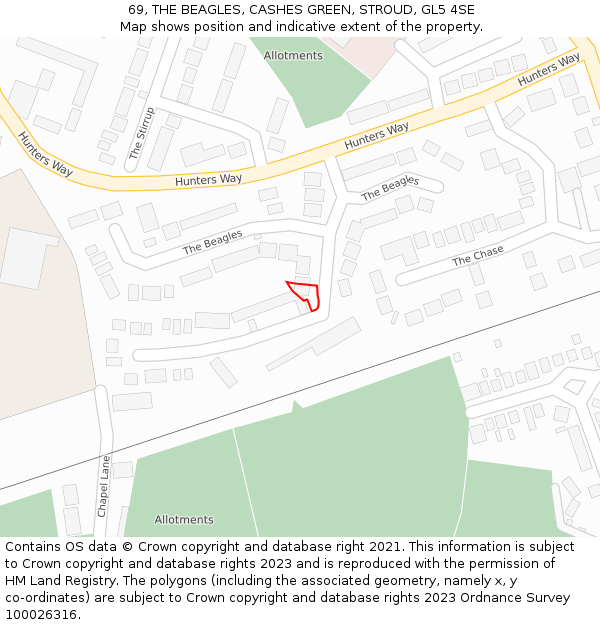 69, THE BEAGLES, CASHES GREEN, STROUD, GL5 4SE: Location map and indicative extent of plot