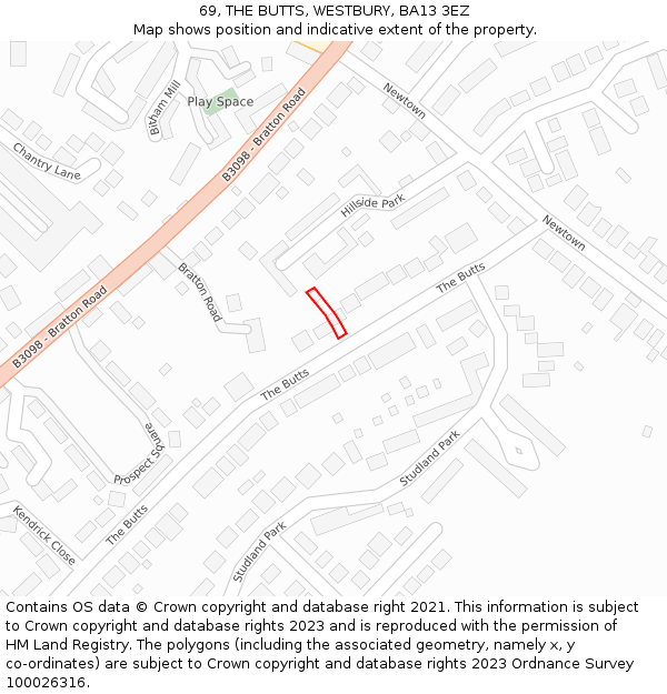 69, THE BUTTS, WESTBURY, BA13 3EZ: Location map and indicative extent of plot