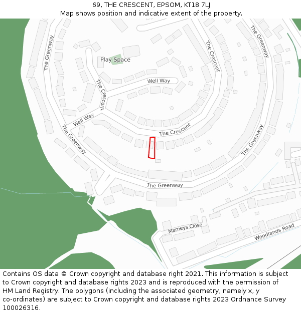 69, THE CRESCENT, EPSOM, KT18 7LJ: Location map and indicative extent of plot