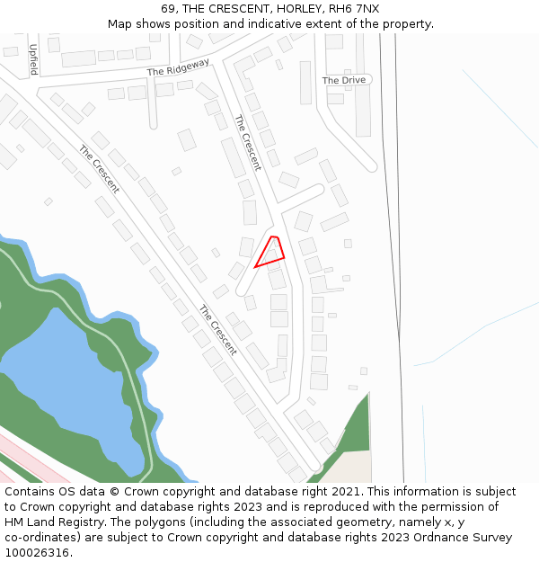 69, THE CRESCENT, HORLEY, RH6 7NX: Location map and indicative extent of plot