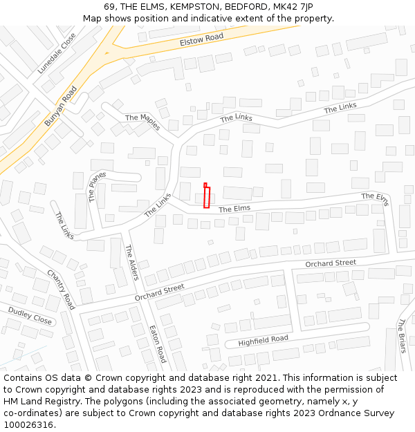 69, THE ELMS, KEMPSTON, BEDFORD, MK42 7JP: Location map and indicative extent of plot