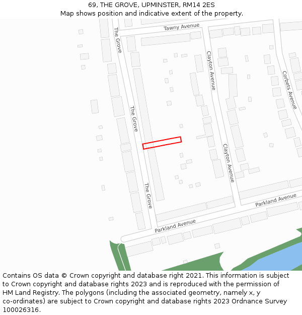 69, THE GROVE, UPMINSTER, RM14 2ES: Location map and indicative extent of plot